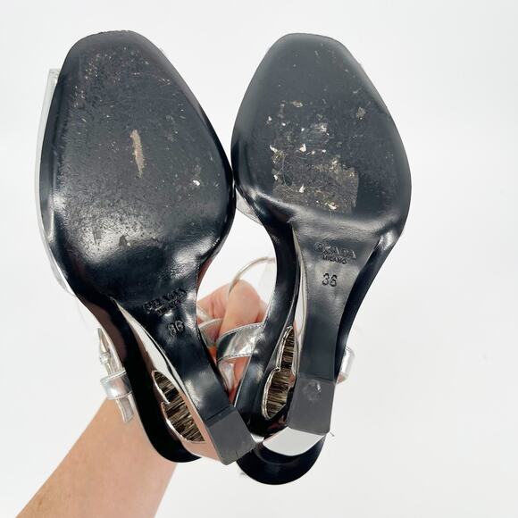 Prada Metallic Silver Leather Heart Cutout Wedge Ankle Strap Sandal size IT 36 - Picture 12 of 16